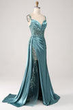 Blue Mermaid V-Neck Satin Long Appliques Sequin Prom Dress With Slit