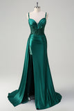 Blue Mermaid V-Neck Satin Long Appliques Sequin Prom Dress With Slit