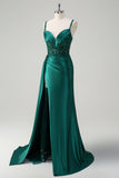 Blue Mermaid V-Neck Satin Long Appliques Sequin Prom Dress With Slit