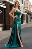 Mermaid Sparkly Champagne Watteau Train Corset Sequins Satin Prom Dress with Slit