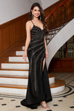 Sparkly Mermaid Spaghetti Straps Black Long Prom Dress with Beading Split Front