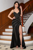 Sparkly Mermaid Spaghetti Straps Black Long Prom Dress with Beading Split Front