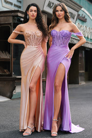 Sparkly Purple Mermaid Off the Shoulder Sequins Corset Long Prom Dress with Slit