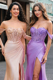 Sparkly Purple Mermaid Off the Shoulder Sequins Corset Long Prom Dress with Slit