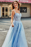 Gorgeous A Line Spaghetti Straps Light Blue Corset Prom Dress with Appliques