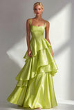 Blush A-Line Spaghetti Straps Long Prom Dress with Ruffles