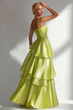 Blush A-Line Spaghetti Straps Long Prom Dress with Ruffles