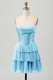 Blue Tiered Corset A Line Strapless Short Homecoming Dress