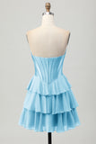 Blue Tiered Corset A Line Strapless Short Homecoming Dress