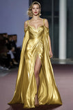 Coffee Metallic Cold Shoulder Long Gala Dress With Slit