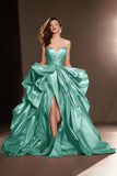 A Line Sweetheart Dark Red Ruffle Pageant Dress with Slit