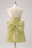 Dark Green A Line Strapless Floral Brocade Short Homecoming Dress with Back Giant Bow