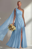 Burgundy A Line One Shoulder Chiffon Long Bridesmaid Dress with Slit