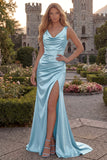 Burgundy Cowl Neck Mermaid Satin Long Prom Dress with Slit