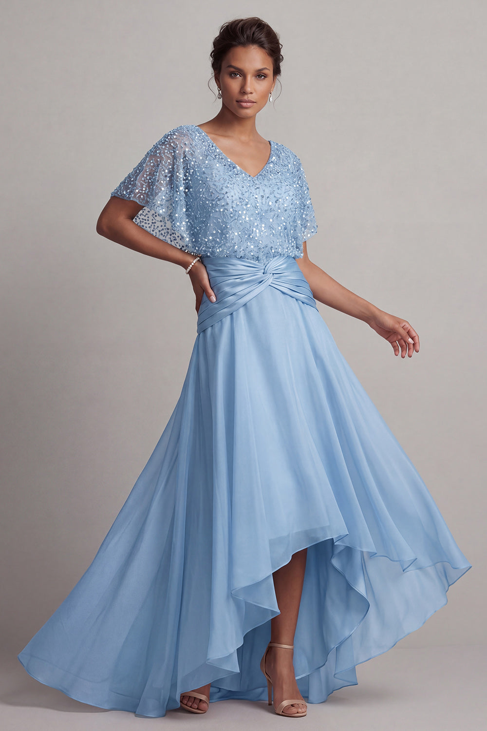 Zapaka Women Sparkly Champagne Long Mother of the Bride Dress V-Neck Ruched Sequin Chiffon Short Sleeves A Line Wedding Guest Dress, Light Blue / US10