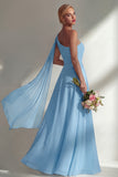 Burgundy A Line One Shoulder Chiffon Long Bridesmaid Dress with Slit