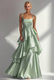 Blush A-Line Spaghetti Straps Long Prom Dress with Ruffles