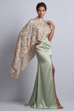 Champagne Mermaid Satin Mother of the Bride Dress with Detachable Cape