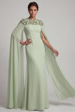 Ivory Chiffon Sheath Round Neck Mother Of the Bride Dress with Long Sleeves