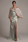 Satin Off the Shoulder Champagne Mermaid Mother Of the Bride Dress with Slit