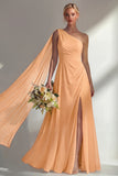 Burgundy A Line One Shoulder Chiffon Long Bridesmaid Dress with Slit
