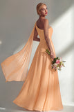 Burgundy A Line One Shoulder Chiffon Long Bridesmaid Dress with Slit