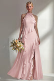 A Line Burgundy Halter Neck Chiffon Long Bridesmaid Dress with Ruffles