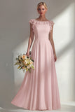 Chiffon Burgundy A Line Bateau Neck Long Bridesmaid Dress with Ruffles