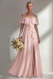 Burgundy A Line Off the Shoulder Long Bridesmaid Dress with Ruffles