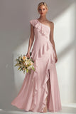 Butter Yellow A Line One Shoulder Chiffon Long Bridesmaid Dress with Ruffles