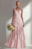 A Line Chiffon Burgundy V-Neck Long Bridesmaid Dress with Ruffles
