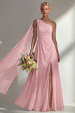 Burgundy A Line One Shoulder Chiffon Long Bridesmaid Dress with Slit