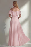 Burgundy A Line Off the Shoulder Long Bridesmaid Dress with Ruffles