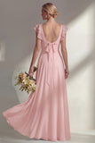 Chiffon Burgundy A Line Bateau Neck Long Bridesmaid Dress with Ruffles