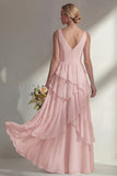 A Line Chiffon Burgundy V-Neck Long Bridesmaid Dress with Ruffles