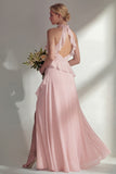 A Line Burgundy Halter Neck Chiffon Long Bridesmaid Dress with Ruffles