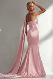 Burgundy Strapless Mermaid Satin Convertible Long Prom Dress with Streamer