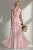 Butter Yellow A Line One Shoulder Chiffon Long Bridesmaid Dress with Ruffles