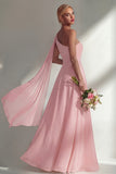 Burgundy A Line One Shoulder Chiffon Long Bridesmaid Dress with Slit
