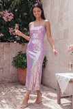 Sparkly Gold Bodycon Spaghetti Straps Midi Dress with Sequins
