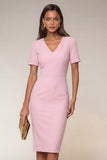 Black Bodycon V-Neck Midi Work Dress with Short Sleeves