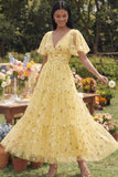 Yellow V-Neck Embroidered A-Line Tulle Floral Dress with Flutter Sleeves