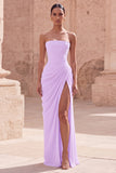 Light Pink Strapless Sheath Ruched Long Prom Dress with Slit