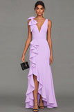 Black Sheath V-Neck Ruffled Long Formal Dress with Slit