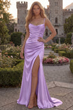 Burgundy Mermaid Spaghetti Straps Ruched Long Prom Dress with Slit