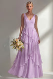 A Line Chiffon Burgundy V-Neck Long Bridesmaid Dress with Ruffles