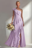 Butter Yellow A Line One Shoulder Chiffon Long Bridesmaid Dress with Ruffles