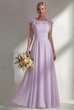 Chiffon Burgundy A Line Bateau Neck Long Bridesmaid Dress with Ruffles