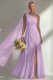 Burgundy A Line One Shoulder Chiffon Long Bridesmaid Dress with Slit