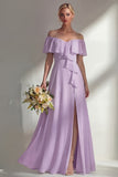 Burgundy A Line Off the Shoulder Long Bridesmaid Dress with Ruffles